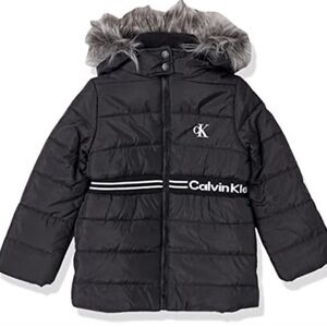 Calvin Klein girl Hooded Black Puffer Jacket With Fleece Lining Down Size XL/16